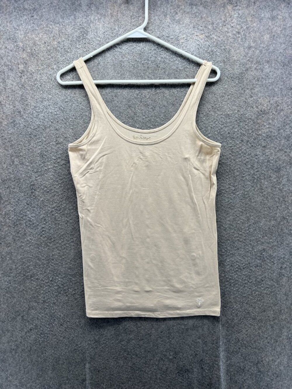Lilly Pulitzer Tank Top Womens Large Beige Stretch Jersey Cami Scoop Neck Logo